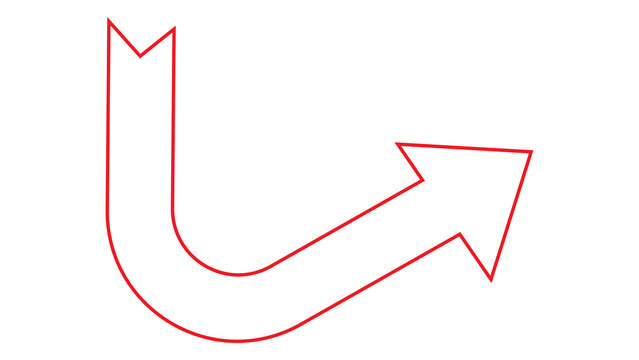 Red outlined curved arrow pointing right isolated on white background with direction arrow graphic design web design UI element pointer icon design asset rightward navigation UI element