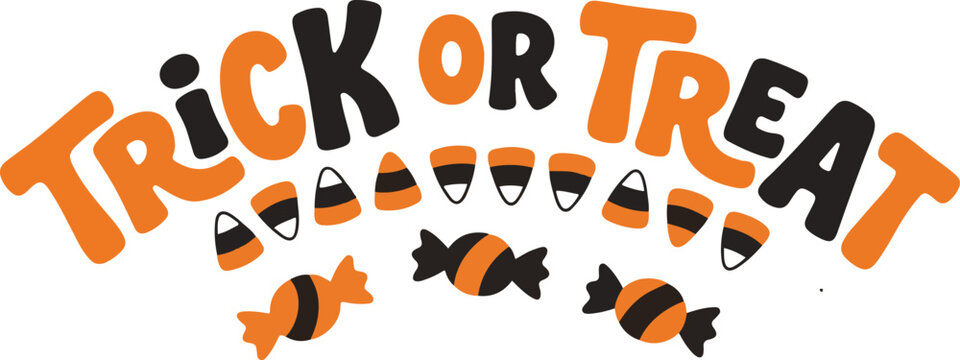 Trick or treat text design with assorted halloween candy corn and wrapped sweets
