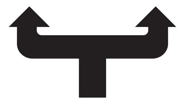 Black split arrow symbol pointing in opposite directions representing fork in the road with direction decision navigation strategy alternative movement progress business solution
