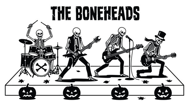 Rock band illustration featuring skeleton musicians performing on stage with pumpkins for a fun halloween event
