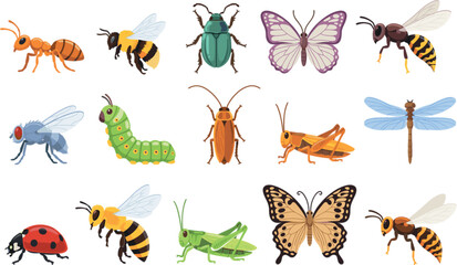 Obraz premium Insects And Bugs Vector Illustration Set Featuring Colorful Cartoon Icons Of Butterfly Bee Beetle Grasshopper Caterpillar And Wasp