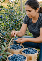 Obraz premium Sustainable agriculture and organic farming, woman harvesting fresh blueberries in a field for local food production and healthy nutrition lifestyle