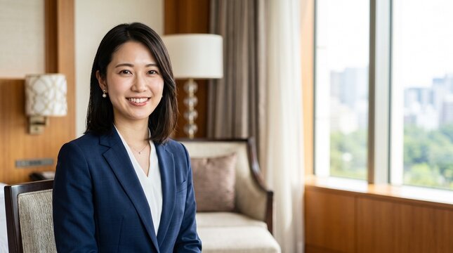 プロフィール写真をイメージした、ホテルのスイートルームで穏やかな笑顔をカメラに向けている、知的な印象の20代日本人女性社員のバストアップポートレート