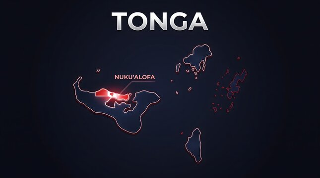 3D Map of Tonga with Flag Texture and Highlighted Capital City Nuku'alofa Isolated on Black Background