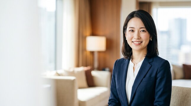 プロフィール写真をイメージした、ホテルのスイートルームで穏やかな笑顔をカメラに向けている、知的な印象の20代日本人女性社員のバストアップポートレート