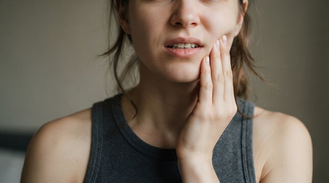 Toothache pain in young woman holding her cheek, dental problem and sensitive teeth concept, suffering female patient needing healthcare treatment