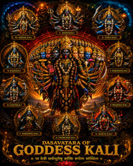Fototapeta premium Goddess Kali Dasavatara – Divine Ten Forms of Kali in a Sacred Yantra