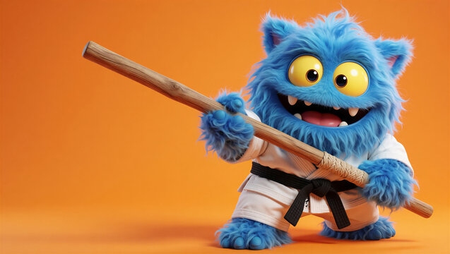 Cute blue monster wearing a white karate gi and black belt holds a wooden staff. Playful furry character pose on an orange background with copy space