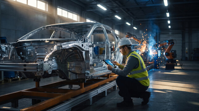 Focused quality control inspector uses a digital tablet to scan a newly built car chassis inside a massive gigafactory. High-tech automotive production and smart logistics.