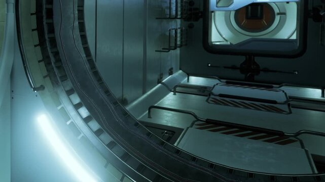 The scene shows the inside of a space station with metallic walls and high tech equipment. Lights illuminate the corridor as a mission is underway to explore space.