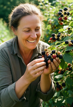 Sustainable agriculture and organic farming, happy mature woman harvesting fresh blackberries in a sunny garden for healthy food and local produce
