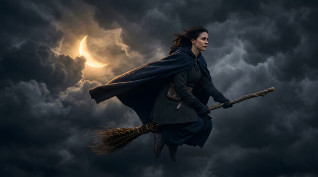 Woman in dark witch costume flies on a broom through dramatic storm clouds beneath a crescent moon, creating a mysterious Halloween night scene.