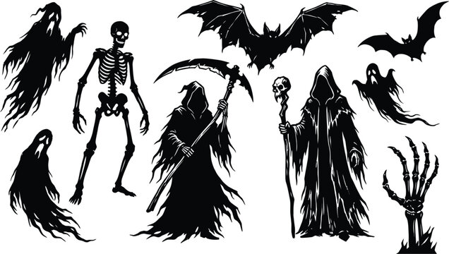 A collection of scary haloween vector icons featuring horror characters with smoth black silhouettes for festive holiday design projects