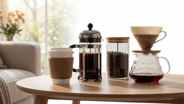 Coffee brewing gear including a french press and pour over kit on a wooden table. A cozy paper cup with a knit sleeve sits near a jar of roasted bean coffee