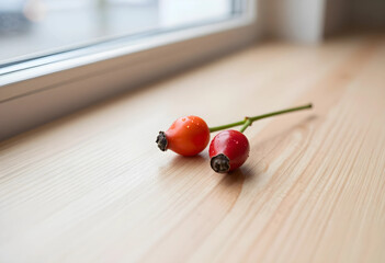 Obraz premium Natural wellness and organic skincare, rosehip berries with water droplets on a wooden windowsill for herbal medicine and holistic health supplement