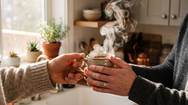 Couple holding steaming mug of hot drink in cozy kitchen at home