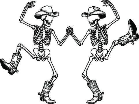 A scary haloween vector illustration featuring two dancing skeletons with smoth lines and a classic horror theme