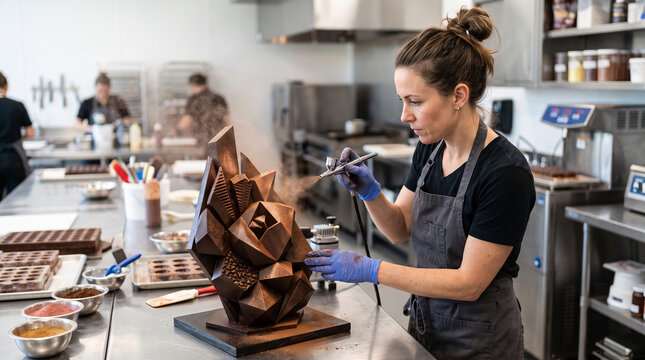 Female chocolatier airbrushing geometric chocolate sculpture in professional pastry kitchen