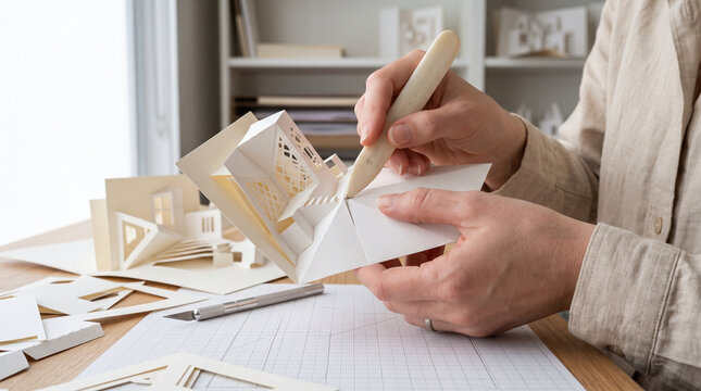 Person creating intricate paper architecture model with bone folder on desk