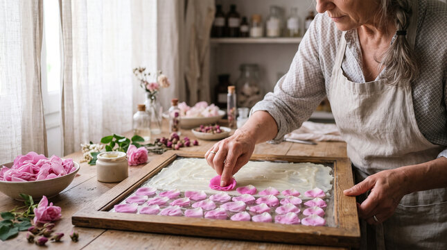 Woman artisan placing fresh rose petals in glass frame for traditional enfleurage perfume making