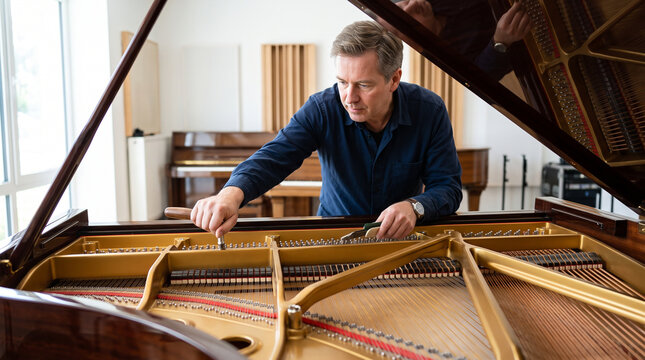 Professional piano tuner adjusting strings of grand piano in workshop