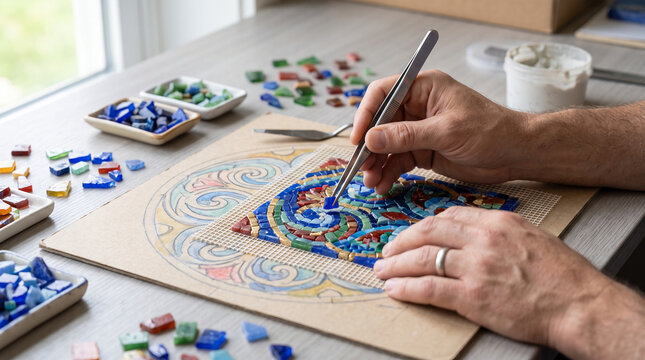 Artist placing glass tiles with tweezers to create colorful mosaic artwork on mesh