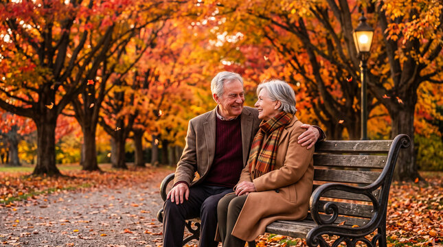 Elderly couple sitting on bench in autumn park with colorful foliage and falling leaves