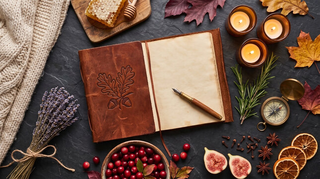 Autumn flat lay with leather journal, candles, honeycomb, cranberries and fall leaves on dark background