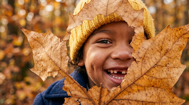 Happy child peeking through large autumn maple leaf wearing yellow knit hat
