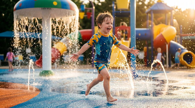 Happy little boy running through water jets in colorful splash pad at sunset