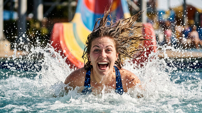 Happy young woman splashing in water park pool with colorful inflatables background