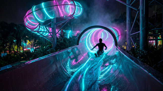 Person sliding down neon lit water slide at night in water park
