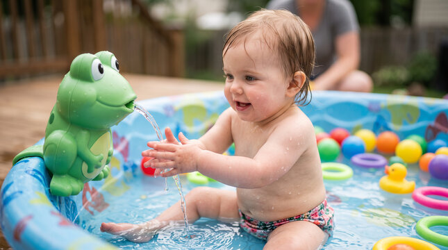 A cheerful baby is swimming in an inflatable pool