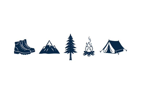 Hand drawn camping icons set with hiking boots mountain pine tree campfire and tent vector art