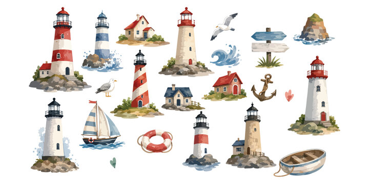 Watercolor Nautical Lighthouse and Coastal Village Set Isolated on White Background