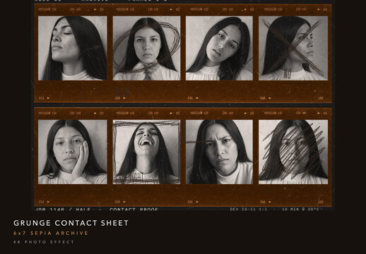 Sepia Contact Sheet Photo Effect - Vintage Archive Proof Sheet Pencil Marks