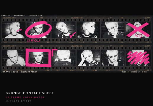 Contact Sheet Photo Effect - Grunge Film Proof Sheet with Neon Highlighter Marks