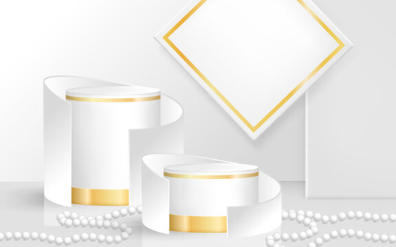 White luxury podium with gold lines and 3D stage for premium product display. Elegant platform with realistic curves and abstract geometric design. Minimal studio showcase on bright clean background.