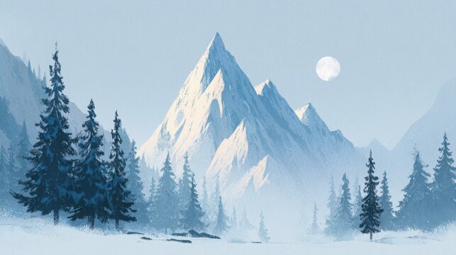 Stylized winter mountain landscape illustration featuring pine trees and soft pastel blue tones, evoking a serene and tranquil atmosphere with copy space