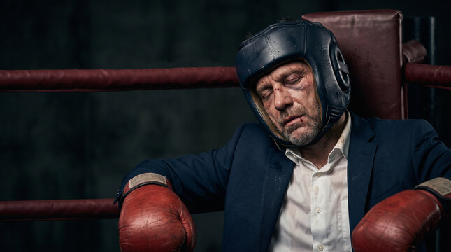 Weary and battered business people, honed by business battles comparable to boxing matches, face the concepts of risk management and business survival.