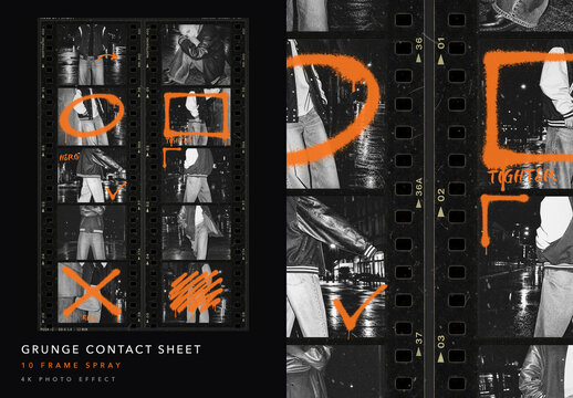 Contact Sheet Photo Effect - Grunge Film Proof Sheet with Orange Spray Paint