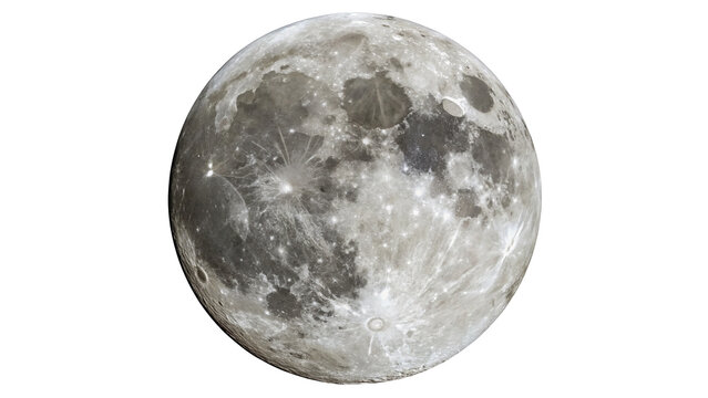 Detailed textured grey full moon sphere planet isolated on transparent background for astronomy science education graphics.