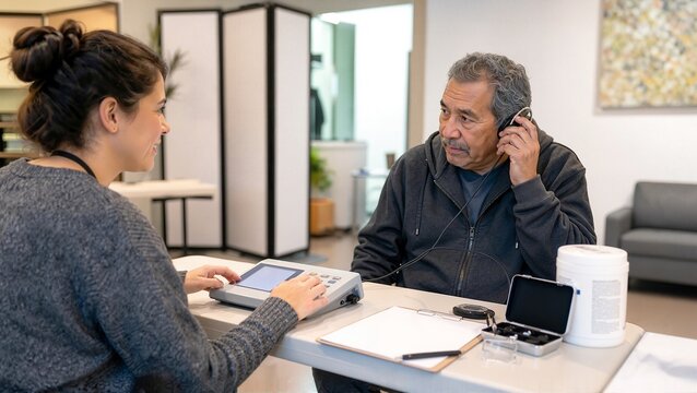 Hearing health screening with older man receiving assistance from volunteer at community center. Hearing health service focused on providing support and assessments for community members in need.