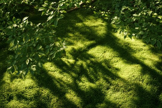 Green moss growing on forest floor with sunlight and shadow patterns from leaves