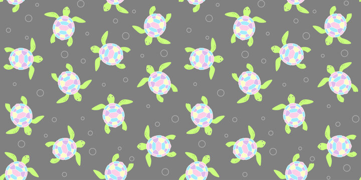 Cute green turtles with colorful shells on a gray background with bubbles. Kids endless texture with a marine animal. Vector seamless pattern for wrapping paper, giftwrap, surface texture and printing