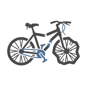 Flat vector illustration of a damaged bicycle with bent wheels from a road traffic accident collision