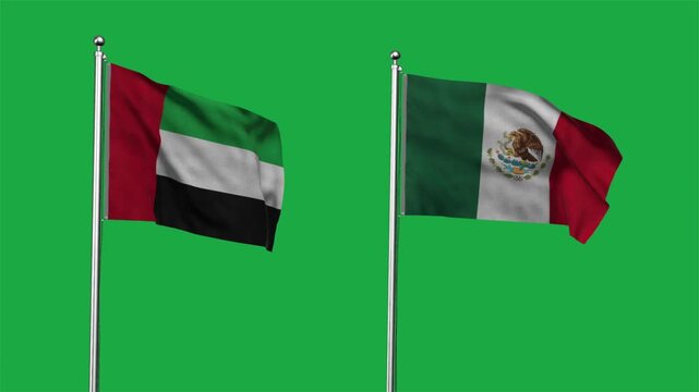 United Arab Emirates  and Mexico Waving Flags, 3D Illustration