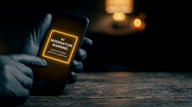 Hand in glove holding smartphone with ai moderation warning screen on wooden table in dark office displaying close up photo for social media regulation