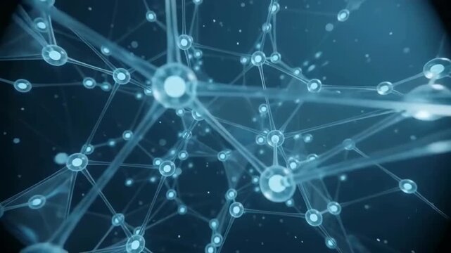 Abstract blue molecular structure with connecting nodes and lines representing biotechnology or a neural network in a video clip.