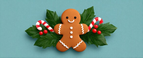 Fototapeta premium the joyful gingerbread cookie adorned with vibrant candy canes and cheerful winter holly leaves